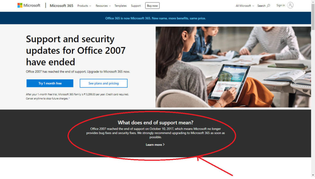 Microsoft ended the technical support of MS Office 2007