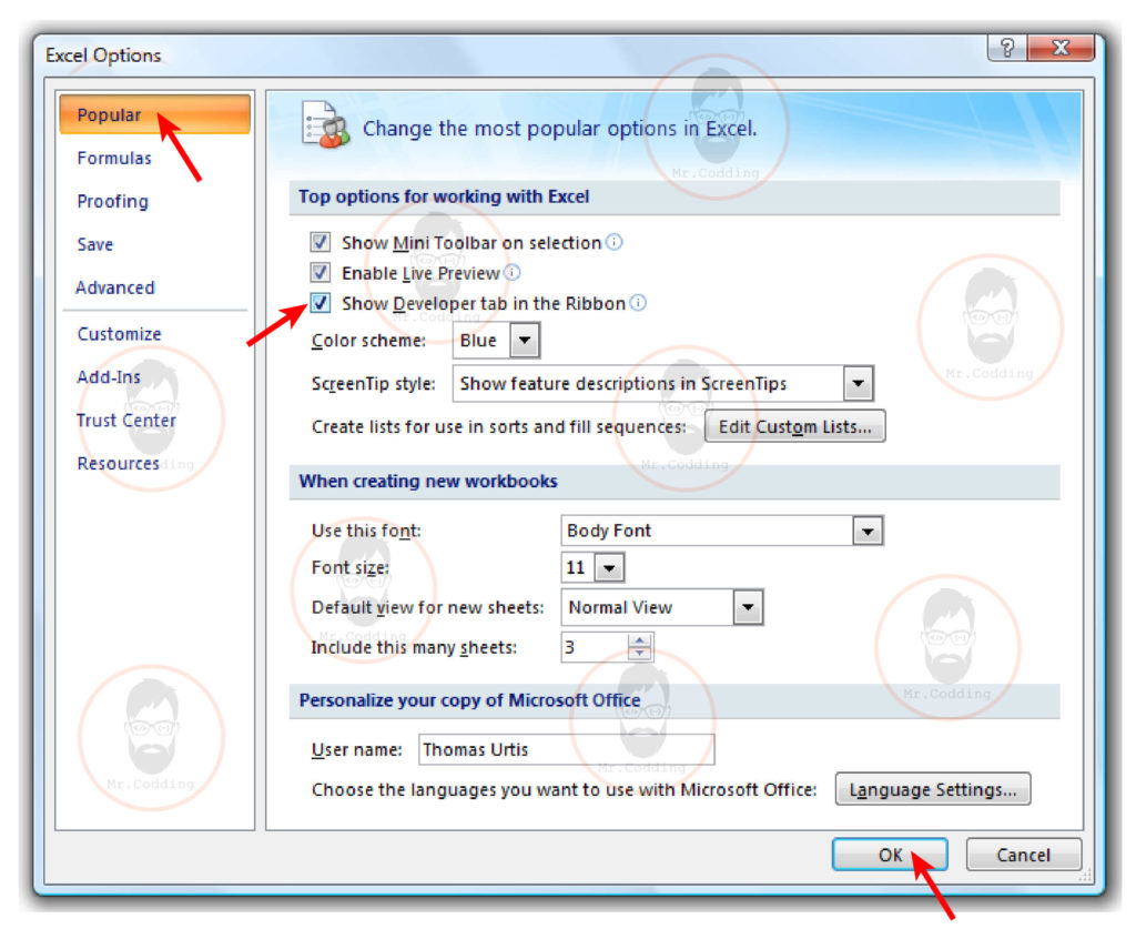 Excel Options Window in MS Excel 2007