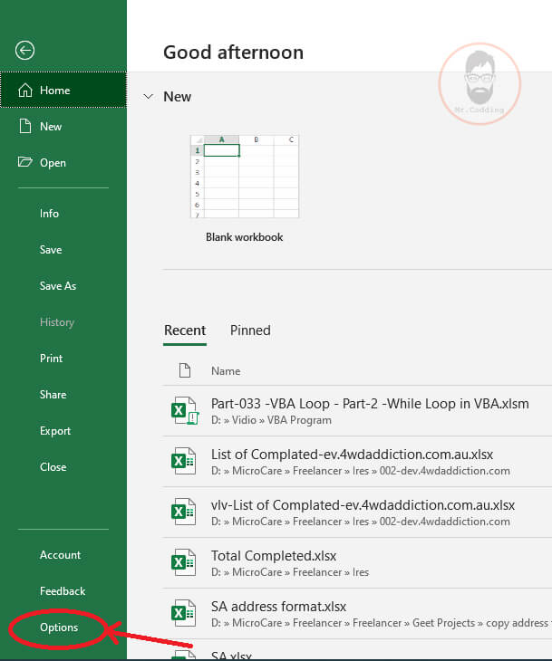 Excel Options in MS Excel 2019