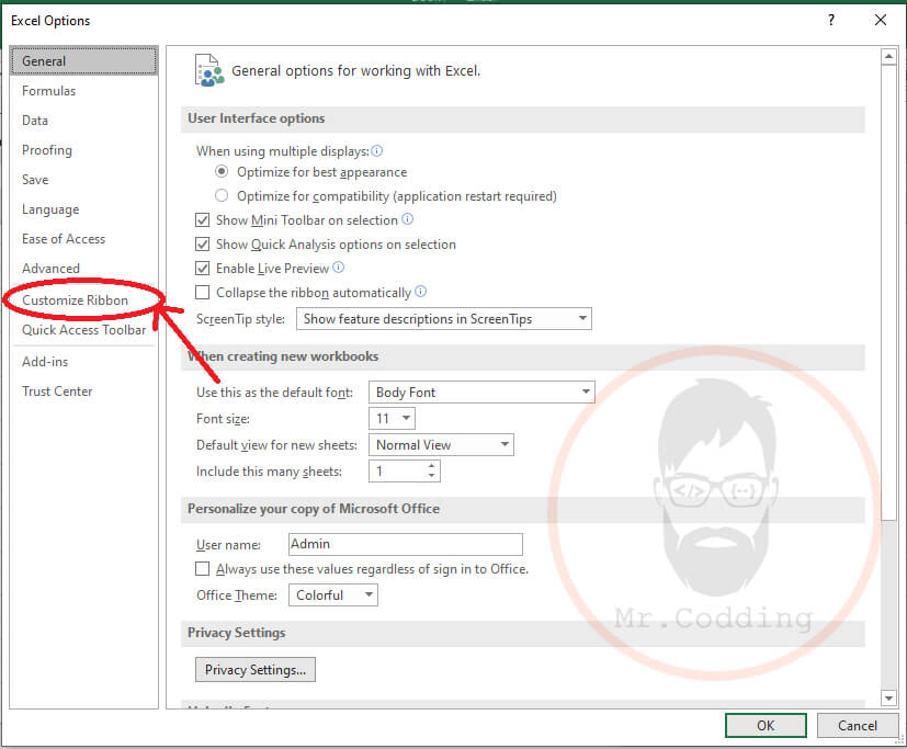 Customize Ribbon in MS Excel 2019