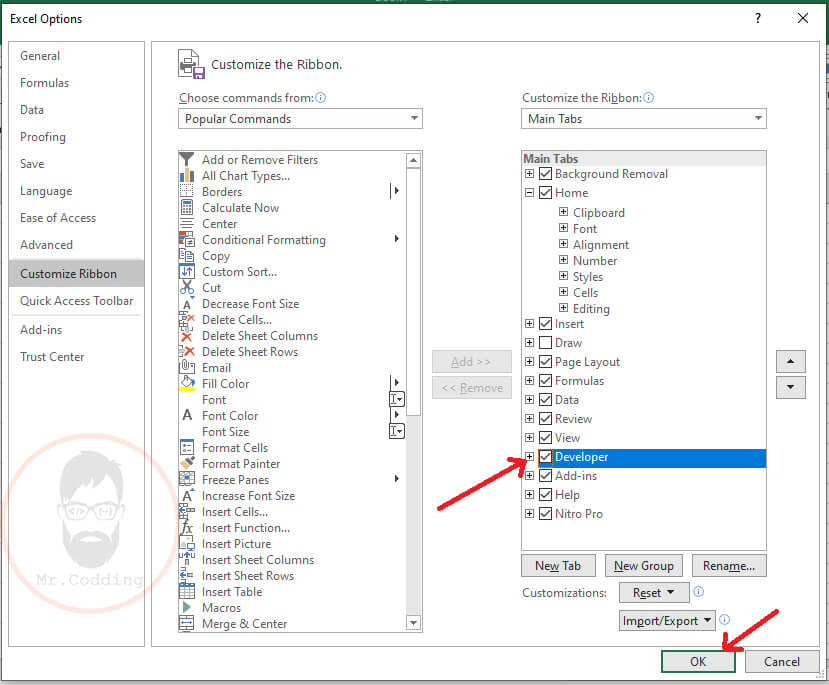 Developer tab option in Customize Ribbon in MS Excel 2019