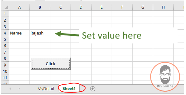 Example to set the cell value using Cells object in MS Excel VBA