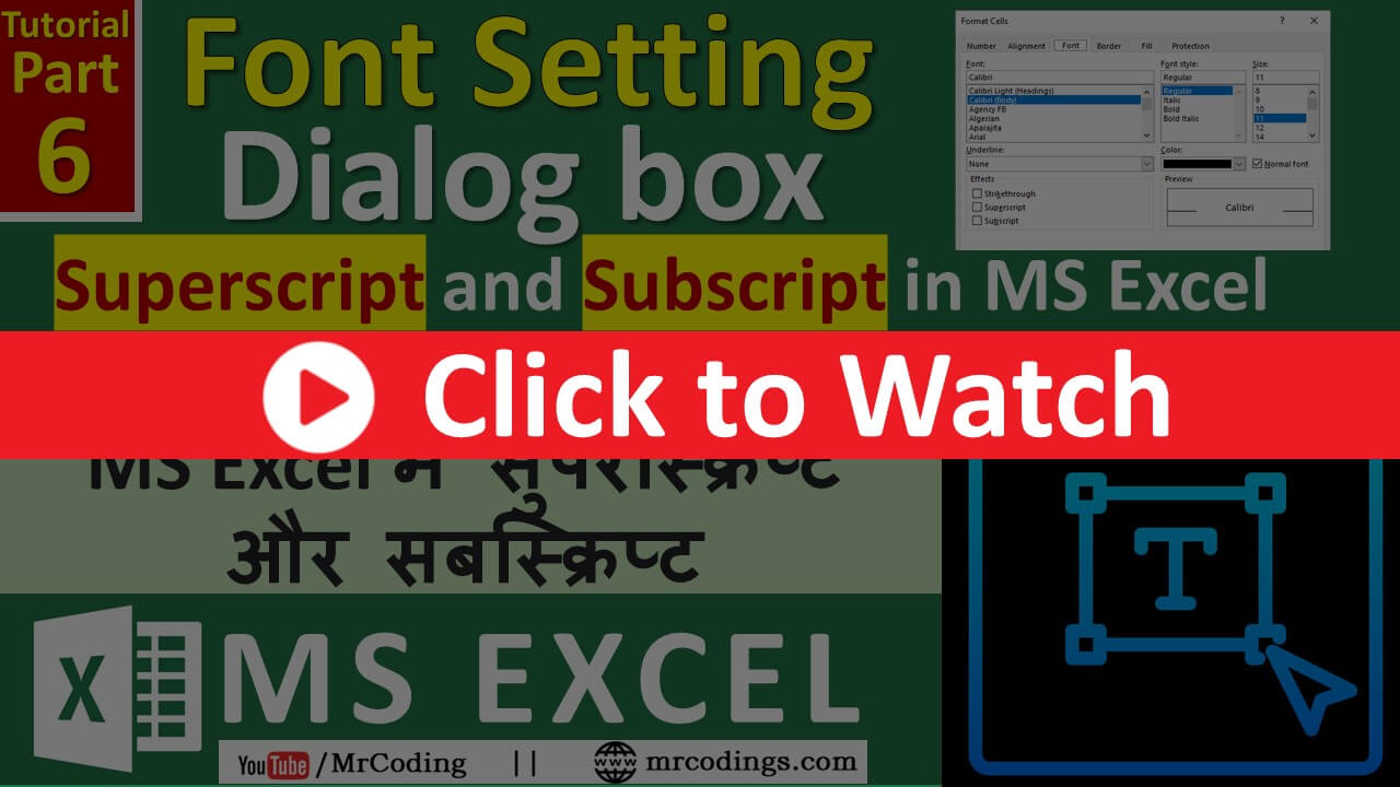 MS-EXCEL-006-Font Setting Dialog box | Superscript, Subscript | Single Accounting | MS Excel | Hindi