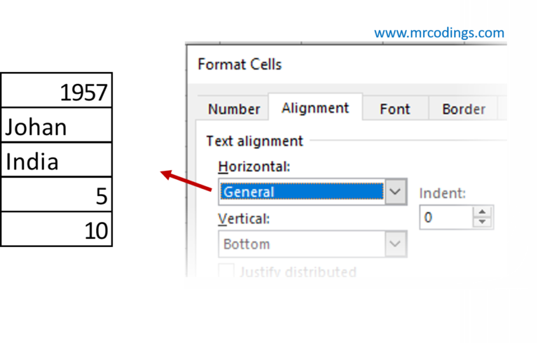 General Horizontal Alignment Option in MS Excel