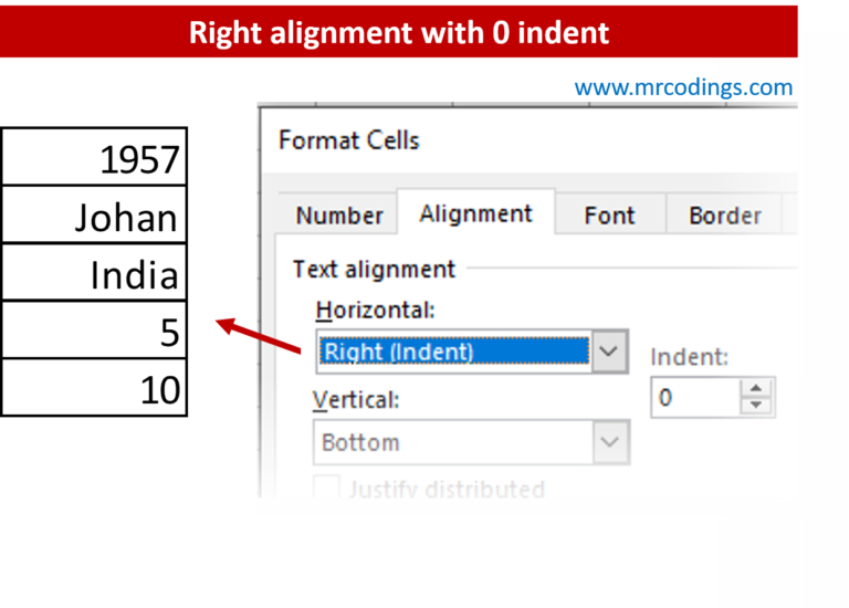 Right Horizontal Alignment indent 0 Option in MS Excel