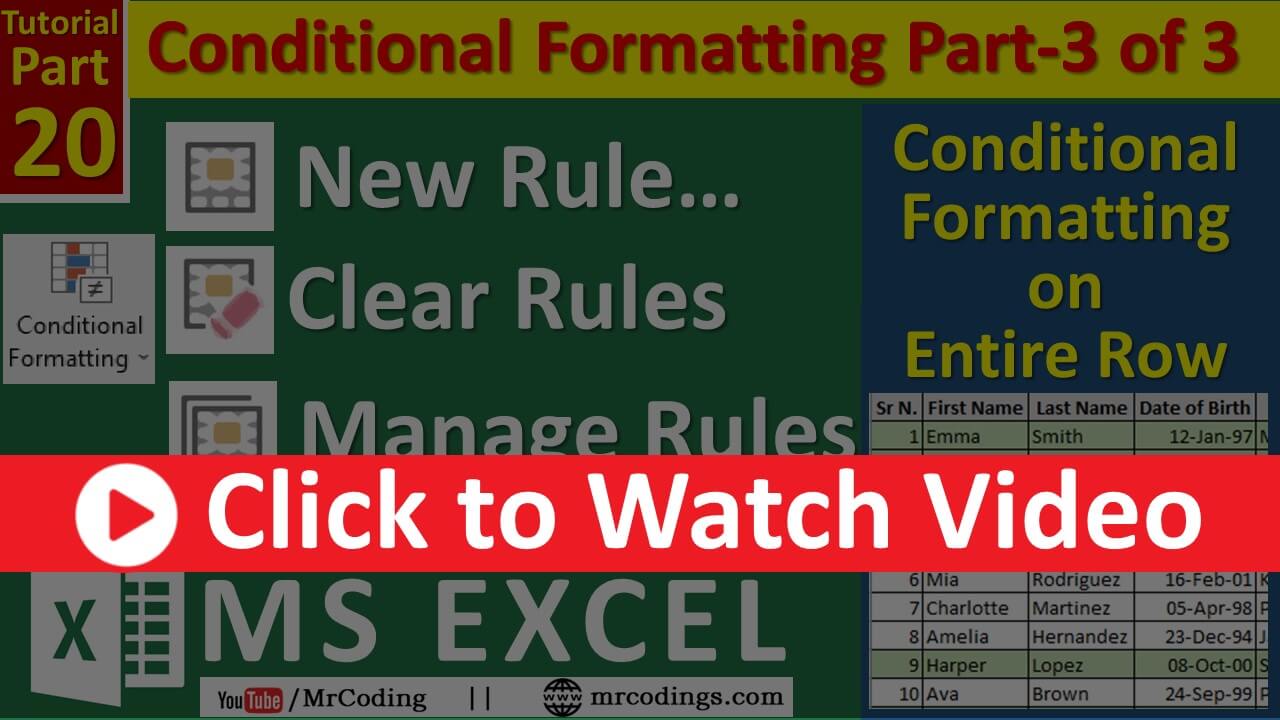 MS-EXCEL-020-Conditional Formatting Part-3 | Conditional Formatting on Entire Row | New Rule | Hindi