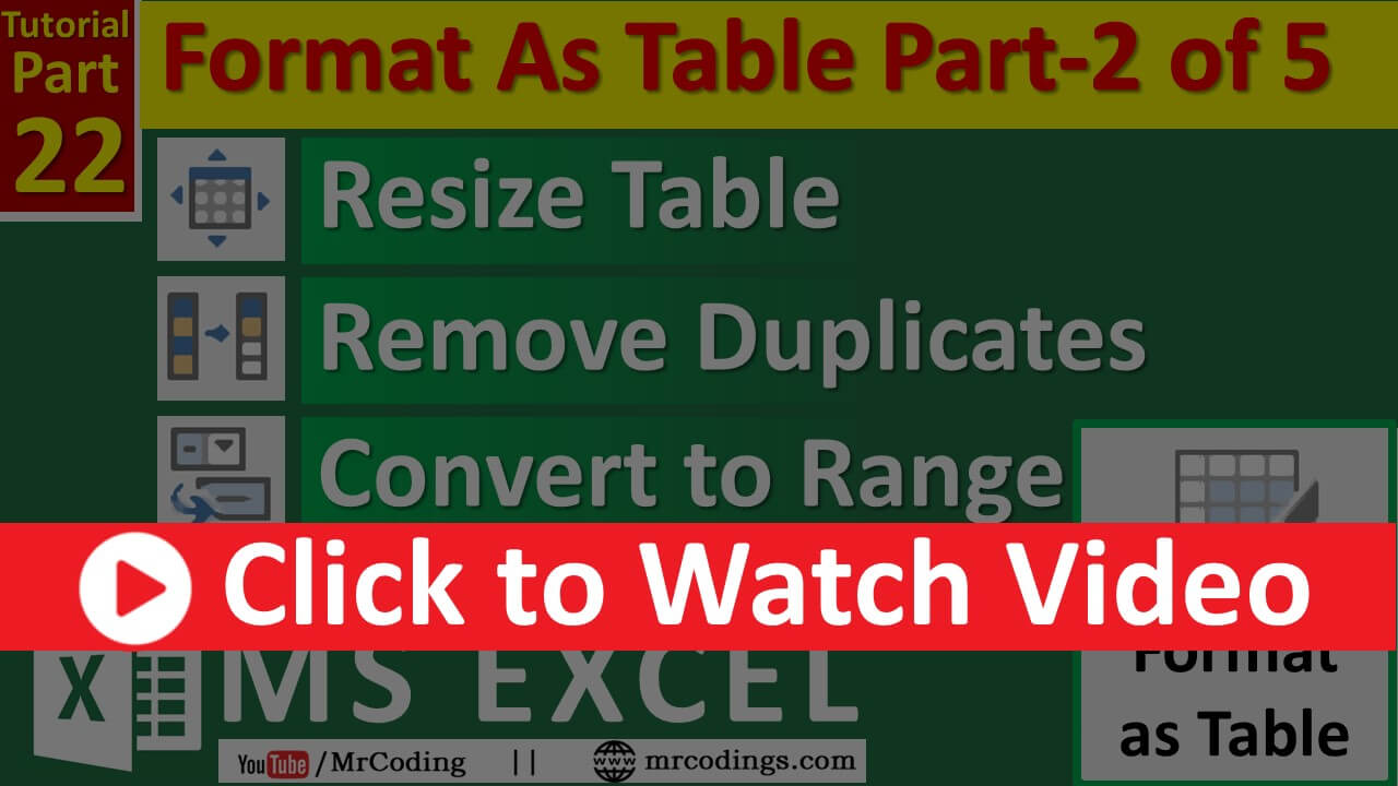 MS-EXCEL-022-Format As Table Part-2 | Remove Duplicates | Set Table Name | Resize Table | Hindi