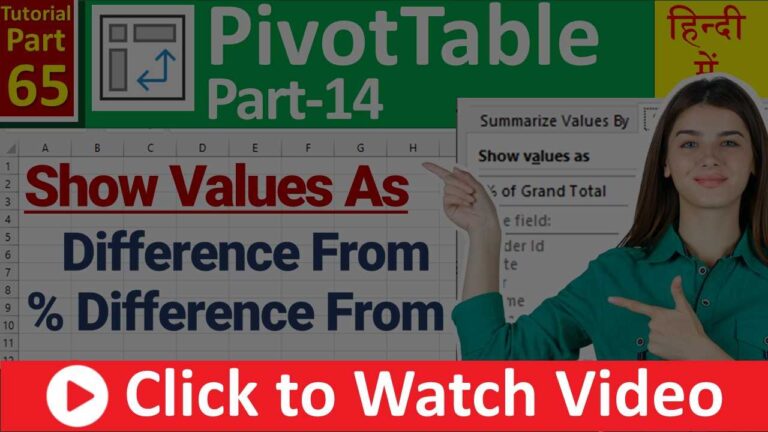 MS-EXCEL-65-Difference From - % Difference From in Pivot Table - Show Value As - PivotTable Tutorial